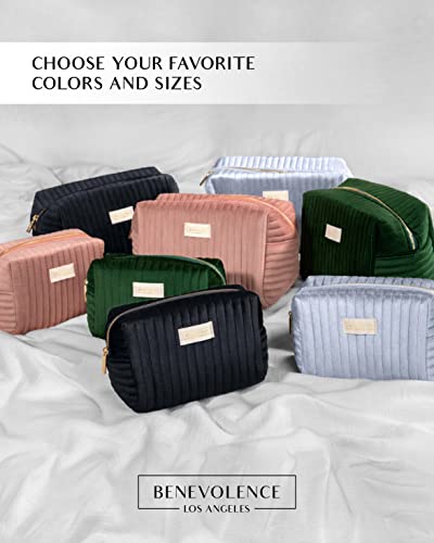 Benevolence LA Plush Velvet Large Makeup Bag for Travel | Cosmetic Pouch, Toiletry Organizer for Women, Large Capacity Bag for Accessories, Quilted Purse - Emerald Green