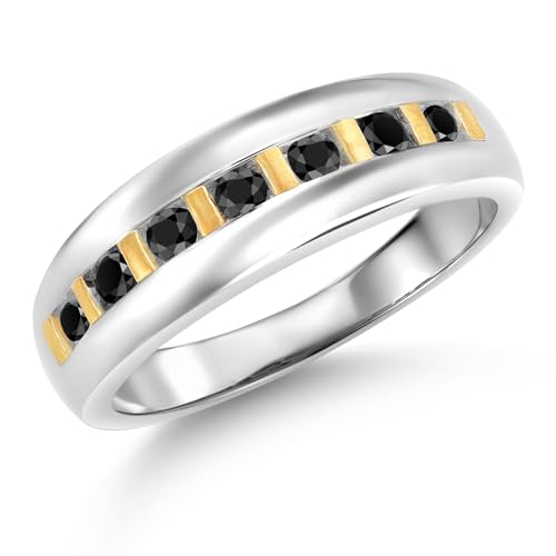 Gem Stone King Black Diamond Wedding Band Ring for Men | 925 Sterling Silver and 10K Yellow Gold | 0.46 Cttw | Round 2.5MM | Size 7