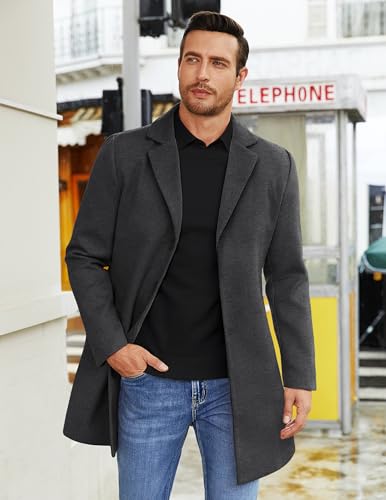 COOFANDY Mens Winter Coat Slim Fit Grey Trench Coats Fashion Premium Long French Overcoat Outwear Pea Coat wih Pockets S