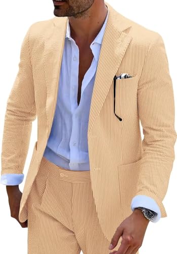 Seersucker Slim Suits Men Formal Summer Beach Wedding Grooms 2 Piece Blazer Pants Party Striped Suit Orange S