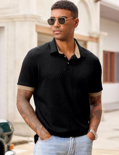 JMIERR Polo Shirts for Men Classic Fit Short Sleeve Casual Soft Button Old Money Textured Cable Knit Quiet Luxury Shirt, XL, Black