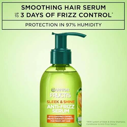 Garnier Fructis Sleek & Shine Anti-Frizz Hair Serum for Frizzy, Dry Hair, Leave-In Argan Oil Infused Formula with Up to 72HRs of Frizz Control, Smooths Flyaways & Boosts Hair Shine, 5.1 Fl Oz