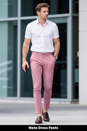 GINGTTO Slim Fit Dress Pants for Men Stretch,Office Business Trousers Pink Chino Pants Men 32Wx28L