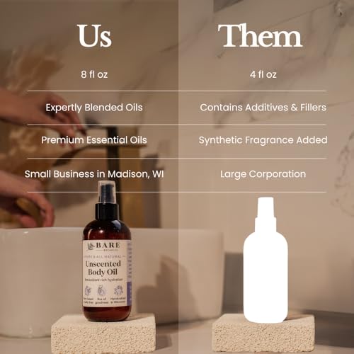 BARE BOTANICS 8oz Unscented Body Oil - Natural Skin and Hair Oil