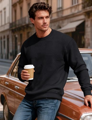 MAGCOMSEN Mens Sweatshirts Winter Warm Textured Pullover Shirt Long Sleeve Soft Plain Casual Soft Sweatshirt for Men No Hood Black