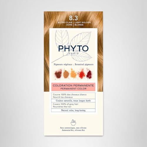 PHYTO Phytocolor Permanent Hair Color, 8.3 Light Golden Blonde, with Botanical Pigments, 100% Grey Hair Coverage, Ammonia-free, PPD-free, Resorcin-free, 0.42 oz.