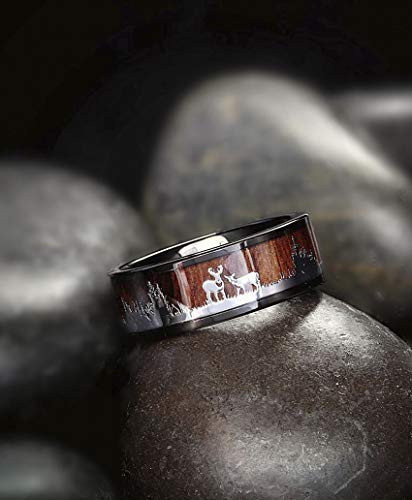 Metal Masters Men's Co. Black Tungsten Hunting Ring Wedding Band Wood Inlay Deer Stag Silhouette 9