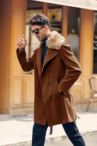 PASLTER Mens Winter Trench Overcoat Removable Faux Fur Collar Top Coat Double Breasted Business Long Pea Coat Brown