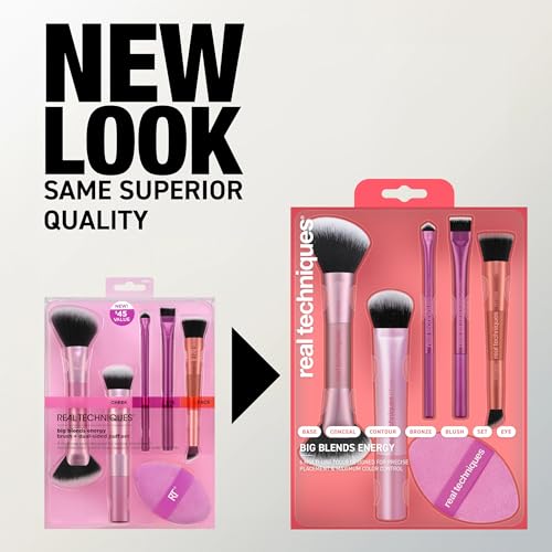 Real Techniques Big Blends Energy Brush + Dual-Sided Puff Kit, 6-Piece Set