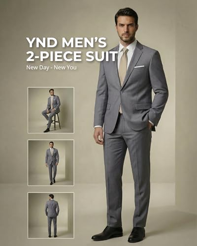 YND Men's 2 Piece Suit with Tie, One Button Slim Fit Solid Jacket and Pants Set, Suits for Men Prom Party Wedding & Business, Light Grey