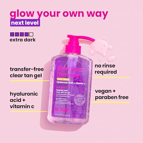 b.tan Insanely Dark Clear Self Tan Gel | Glow Your Own Way Next Level - Best, Transfer-Resistant Sunless Tanning Lotion, Ultra Quick Bronze, No Fake Tanner Smell, 16 Fl Oz