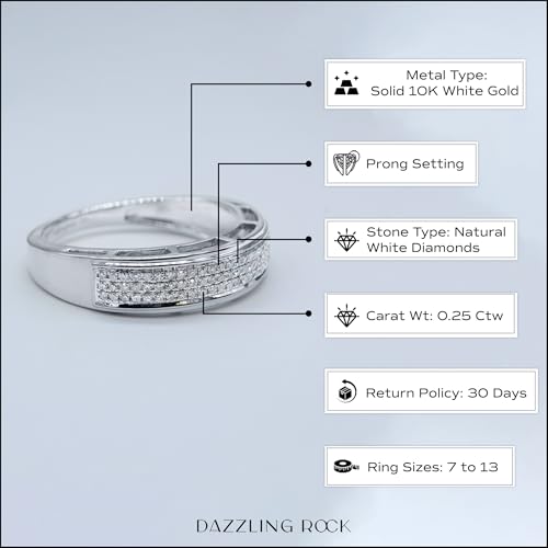 Dazzlingrock Collection 0.25 Ctw Natural Round White Diamond Three Row Micro Pave Wedding Band for Men in 10K Solid White Gold, Size 10