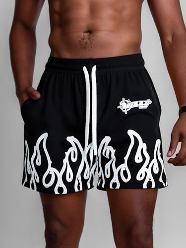 DIOTSR Mens Flame Graphic Basketball Shorts Drawstring Running Workout Shorts Summer Cool Casual Shorts (05 Black & White,Large)