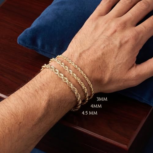 14K Solid Gold Men's Rope Chain Bracelet 7.5 Inches - 4MM Diamond Cut Lobster Clasp - Handcrafted in USA by Galaxy Gold