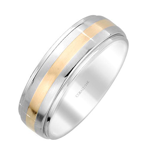 Brilliant Expressions Satin-Finish Cobalt Wedding Band with 14K Yellow Gold Central Channel, 7mm, Size 8