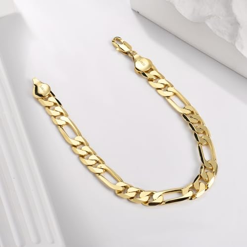 Porment 7mm Diamond-Cut Figaro Bracelet 14K Gold Link Bracelets Simple Trendy Non-tarnish Waterproof Gold Bracelets for Women and Men Fashion Accessories Jewelry Gift Unisex Lifetime Quality