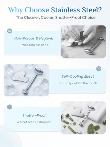 Rena Chris Gua Sha and Face Roller Set: Anti-Breakage Stainless Steel Roller for Long-Lasting Use, Jawline Sculpting and Puffiness Reducing, Gua Sha Facial Tools for Self Care Gift (Silver)