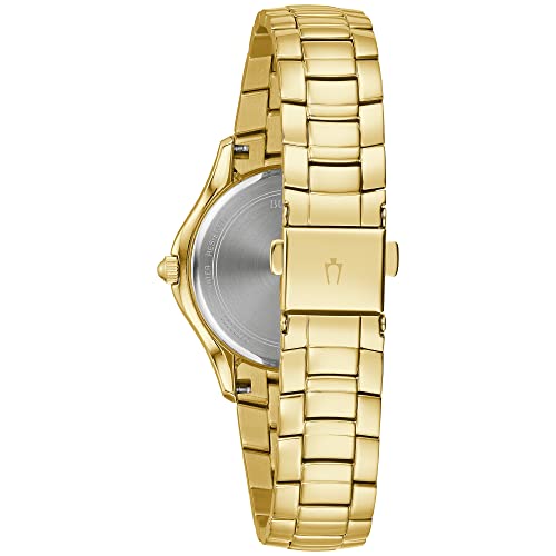 Bulova Ladies' Crystal Gold Tone Stainless Steel 3-Hand Quartz Watch, White Mother-of-Pearl Dial Style: 98L256