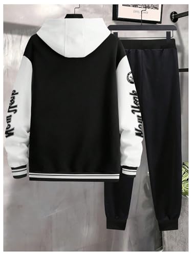 SOLY HUX Men's Tracksuit 2 Piece Outfits Color Block Letter Graphic Long Sleeve Varsity Jacket and Pants Set Black and White Letter Medium
