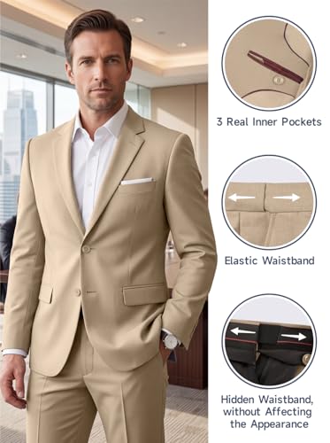 Men Suits Slim Fit 2 Button Men's Suits Solid Champagne Business Suit Blazer Pants for Men Groomsmen Wedding Mens Tuxedo for Prom M