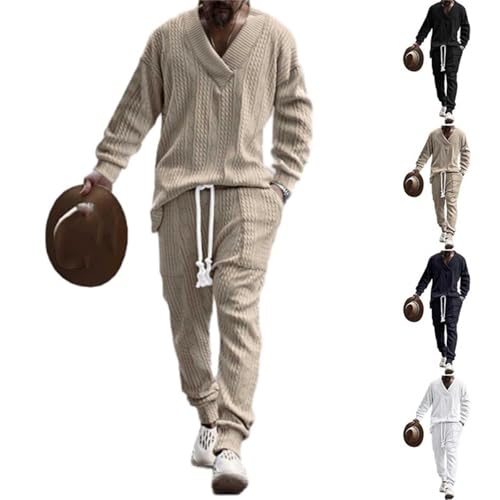 Cable Jacquard Set, Athleisure Men's V-Neck Long Sleeve Tops and Drawstring Jogging Suits 2 Piece Set, Men's Tracksuits (Khaki,Medium)