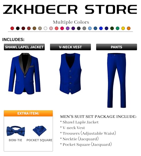 Mens Formal Suits Slim Fit Royal Blue Suit Jacket Vest Pants 3 Piece Set Solid Shawl Lapel Tuxedo Suits for Men Wedding Homecoming Prom Suit XL