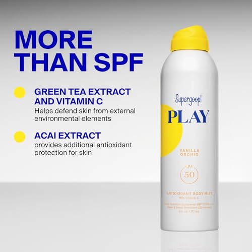 Supergoop! PLAY Antioxidant Body Mist w/Vitamin C - 6 fl oz - SPF 50 PA++++ Broad Spectrum Sunscreen - Body Spray - Great for Active Days - Vanilla Orchid