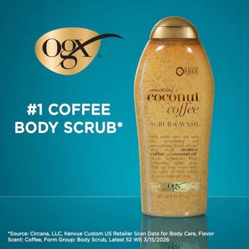 OGX Smoothing + Coconut Coffee Exfoliating Daily Body Scrub with Arabica Coffee & Coconut Oil, Hydrating & Moisturizing Body Wash for Dry Skin, Paraben-Free with Sulfate-Free Surfactants, 19.5 Fl Oz