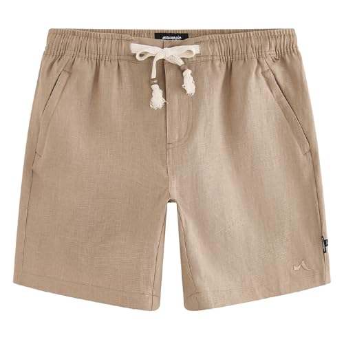 maamgic Mens 100% Linen Shorts Casual Drawstring Elastic Waist, Breathable Summer Shorts for Men Beach Vacation with Pockets Dark Khaki
