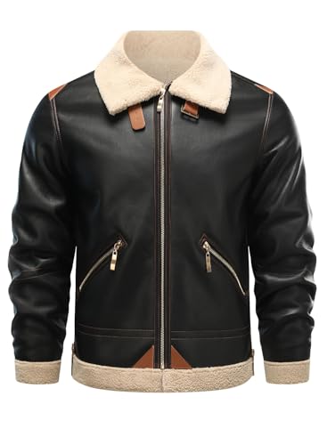 HOOD CREW Men’s Bomber Jacket Winter Coat Stylish Faux Fleece Lined Leather Jackets Black L