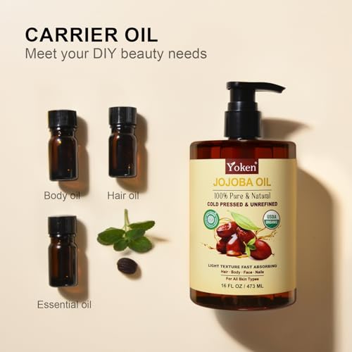 Yoken Organic Jojoba Oil 16oz, USDA Certified Cold Pressed for Skin Care