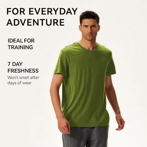 100% Pure 15.5 Micron Merino Wool T-Shirt for Men - 180g Ultra-Rare Luxury, Lightweight, Moisture Wicking Athletic Short GreenM