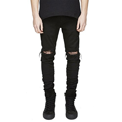 LONGBIDA Men's Slim Fit Ripped Stretch Skinny Jeans for Men, Distressed Tapered Leg Fashion Pants, Black, 34