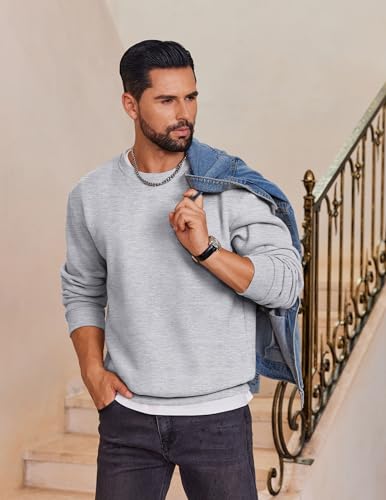 COOFANDY Men's Cotton Fleece Crewneck Sweatshirt Thick Loose fit Basic Pullover Sweat Shirt for Business Dressy Winter Light Grey