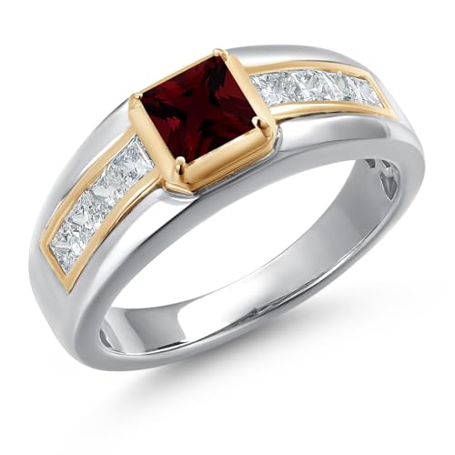 Gem Stone King Princess Cut Ring For Men | 5MM Princess Cut Gemstone Birthstone and 2.4MM Round Lab Grown Diamond | 925 Silver and 10K Yellow Gold | Available in Size 7-13
