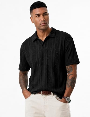 JMIERR Polo Shirts for Men Classic Fit Short Sleeve Loose Casual Soft Button Old Money Textured Cable Knit Shirt Quiet Luxury Clothes, XL, Black