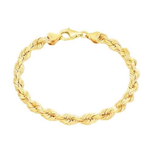 Nuragold 14k Real Yellow Gold Rope Chain Diamond Cut Mens Bracelet - 6mm - 8.5"