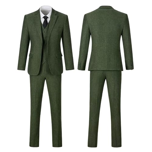 Retro 3 Piece Suit Tweed Herringbone Men's Suits Slim Fit Groom Tuxedos Set Prom Brown Grey Jacket Blazer Vest Pants Green L