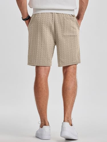JMIERR Men's Casual Essentials Shorts Cable Knit Textured Elastic Waist Drawstring Shorts with Pockets for All Day Comfort, Light French Beige, XX-Large