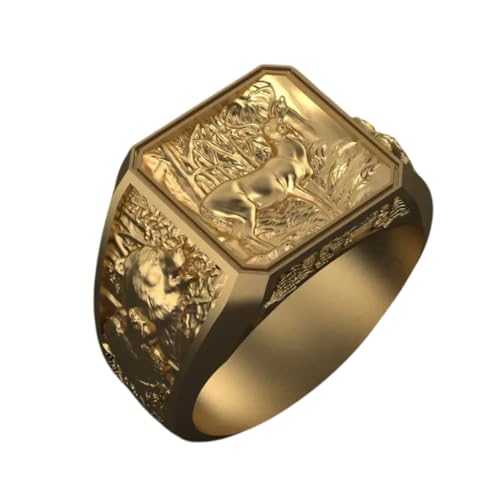 SilkenSaga Gothic Nature Inspire Deer Antler & Wolf Hunter Ring 14K Gold Plated Unique Wild Animal Head Biker Rider Nature Inspire Hunter Ring 925 Sterling Silver Handmade Animal Jewelry Gift