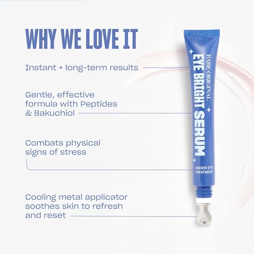 BABE ORIGINAL Eye Bright Under Eye Serum, Eye Serum for Dark Circles & Puffiness, Brightening & Hydrating Eye Treatment for Fine Lines, Peptides, Bakuchiol & Niacinamide, Cooling Metal Applicator