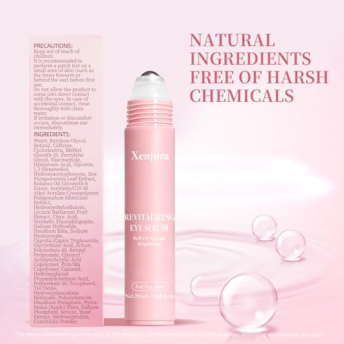 Retinol & Caffeine Under Eye Roller Serum | Xenjura Cooling Eye Cream for Puffy Eyes & Dark Circles | Anti Aging Wrinkle Remover for Fine Lines | Vegan Skincare (20ml / 0.7 fl oz)