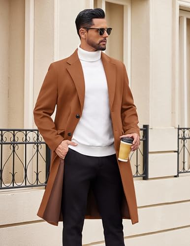 COOFANDY Mens Trench Coat Winter Casual Slim Fit Overcoat Long Single Breasted Coat Notched Collar Wool Blend Coat With Pockets