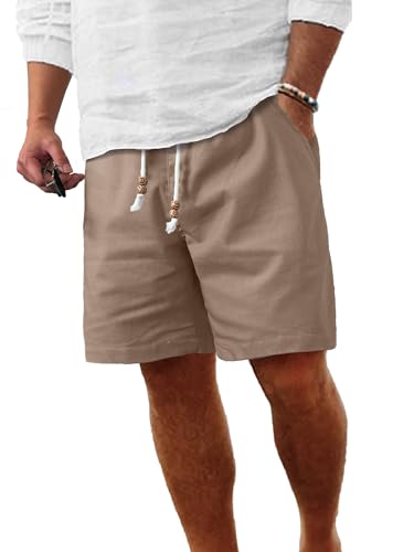 Comdecevis Men's Linen Shorts Casual Elastic Waist Drawstring Summer Beach Vacation Yoga Golf Shorts with Pockets Medium Brown