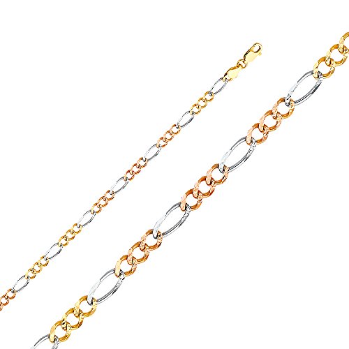 14k REAL Tri Color Gold Solid Men's 4.5mm Figaro 3+1 Concave Chain Bracelet with Lobster Claw Clasp - 7.5"