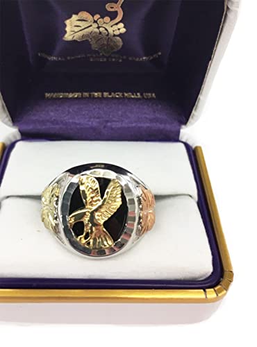 Men's 10k Yellow Gold Eagle and Onyx Ring, Sterling Silver, 12k Green and Rose Gold Black Hills Gold Motif, Size 9