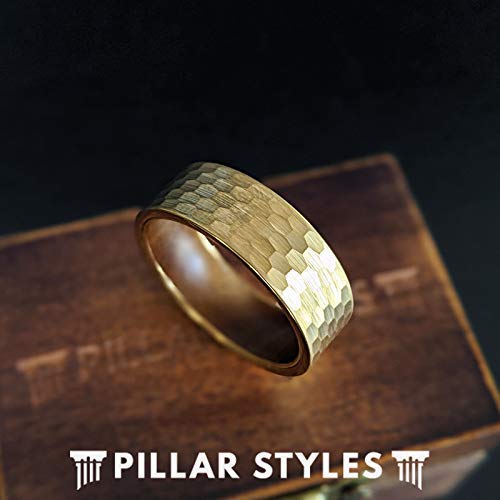 14K Gold Ring Wood and Tungsten Rings for Men Hammered Wood Wedding Band Comfort Fit Unique Viking Wooden Rings