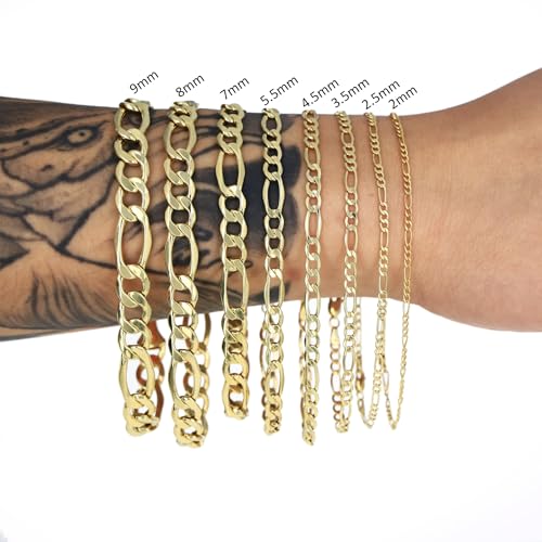 Nuragold 10K Real Yellow Gold Figaro Link Chain Bracelet for Men & Women - 9",2mm