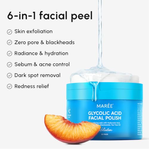 MAREE Glycolic Acid Pads - Toner Pads for Face Cleansing - Exfoliating Pad with Tea Tree Oil, Salicylic Acid & Vitamins E, B3, B5 - Facial Polishes & Peels, Skin Pore Resurfacing & Radiance - 50 Count