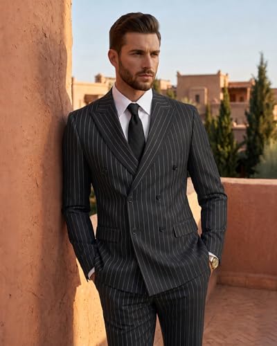 YND Men's 2 Piece Double-Breasted Suit, Slim Fit Stripe Tuxedo Set with Tie, Party Wedding Dress Blazer, Tux and Trousers,